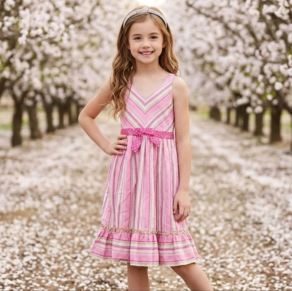 Bonnie Jean Girls Pink Stripe Smocked Sleeveless Cotton Ruffled Dress 6X
